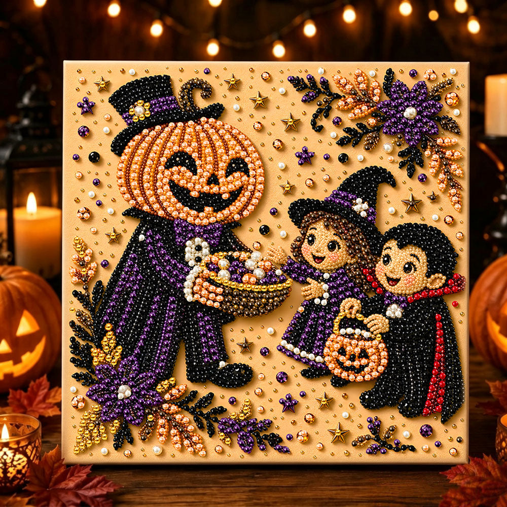 Pumpkin man giving candies pearl diamond painting kit for beginners