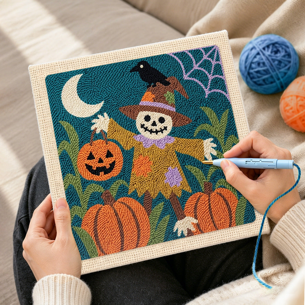 Creating handmade pumpkin patch scarecrow punch needle artwork
