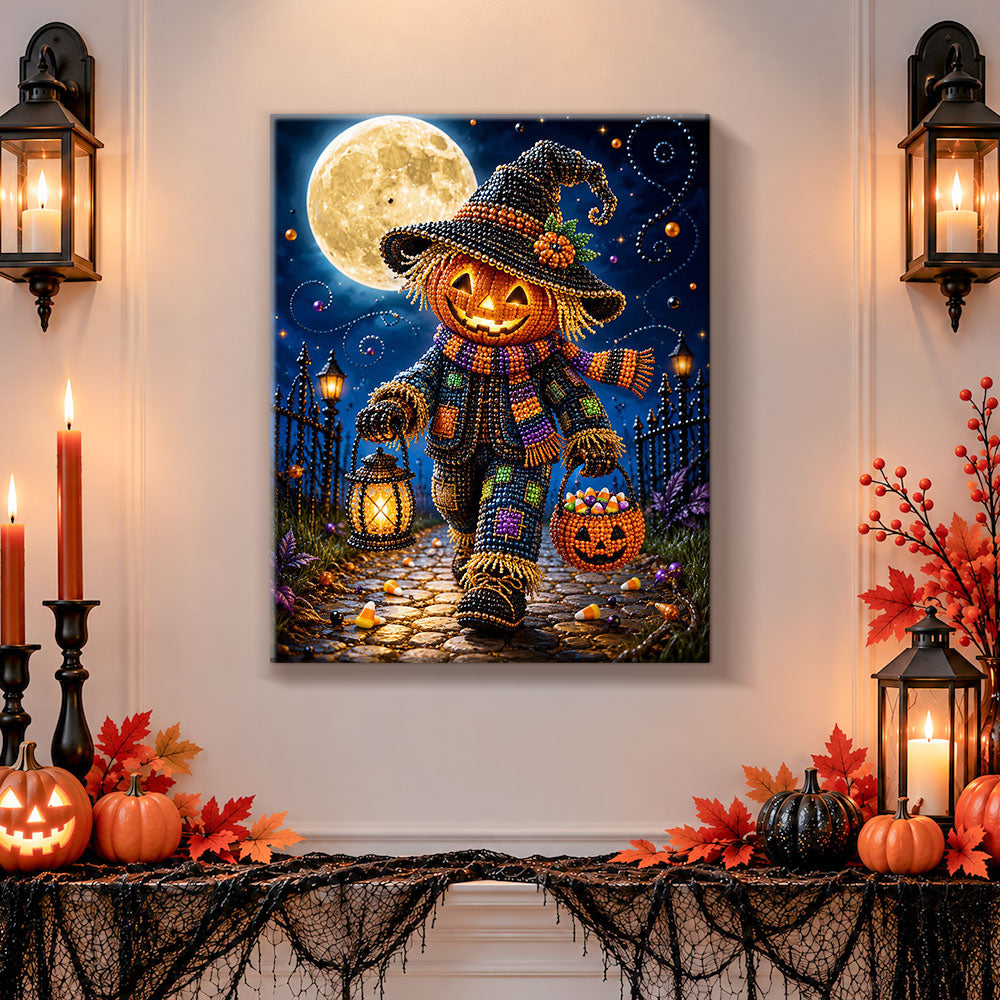 Finished pumpkin scarecrow trick‑or‑treat pearl diamond painting artwork displayed as holiday home decor