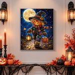 Finished pumpkin scarecrow trick‑or‑treat pearl diamond painting artwork displayed as holiday home decor