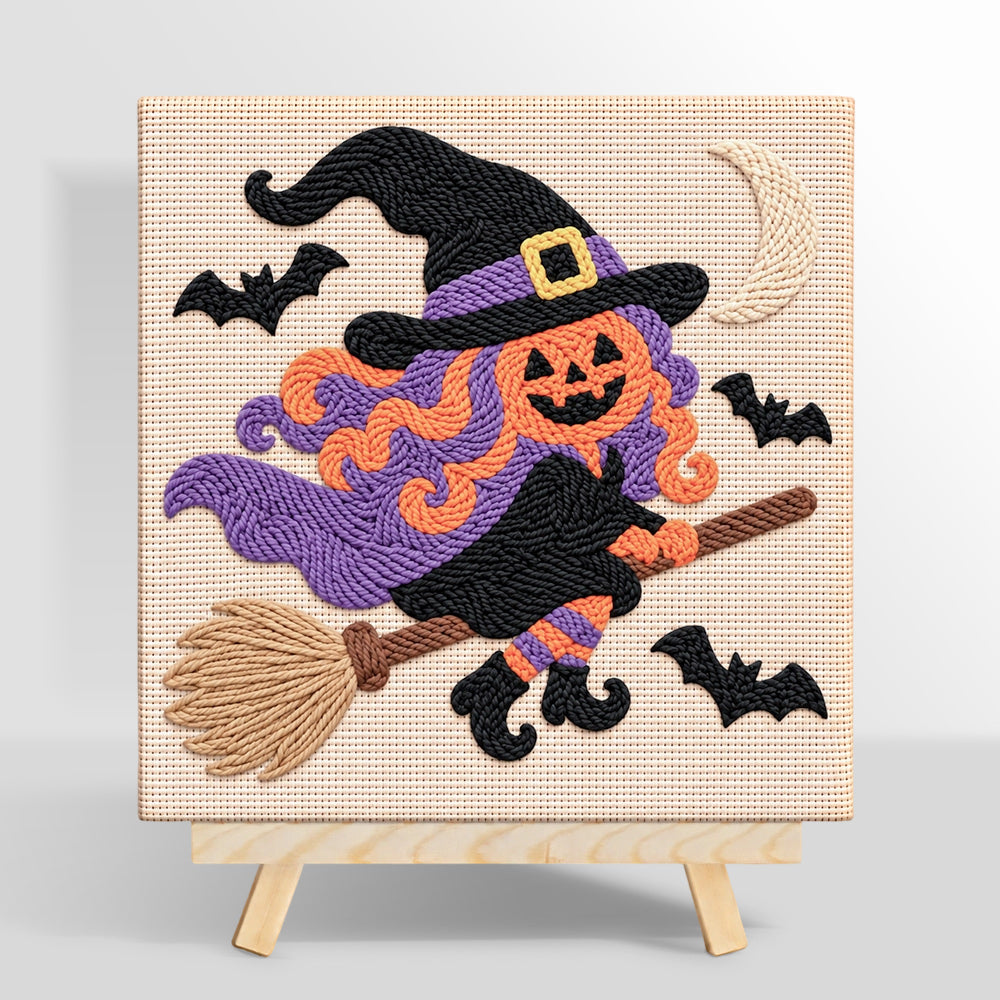 Pumpkin witch on broom punch needle kit for beginners