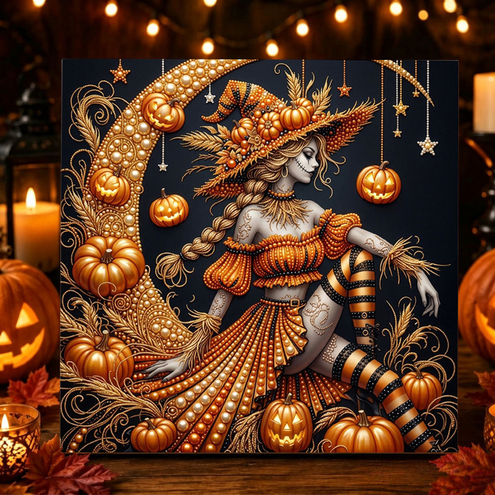 Pumpkin witch on crescent moon pearl diamond painting kit for beginners