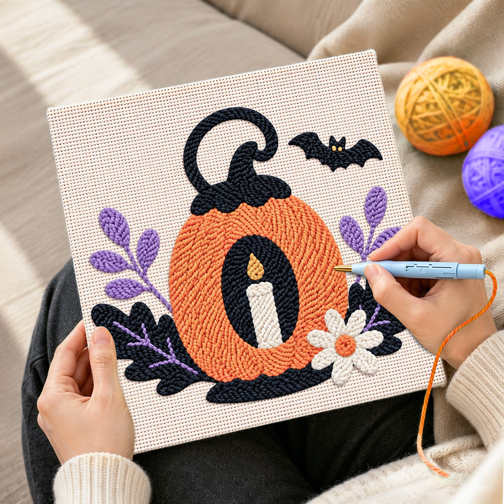 Creating handmade pumpkin with candle punch needle artwork