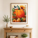 Finished pumpkin with sunflower cross stitch artwork displayed as home decor