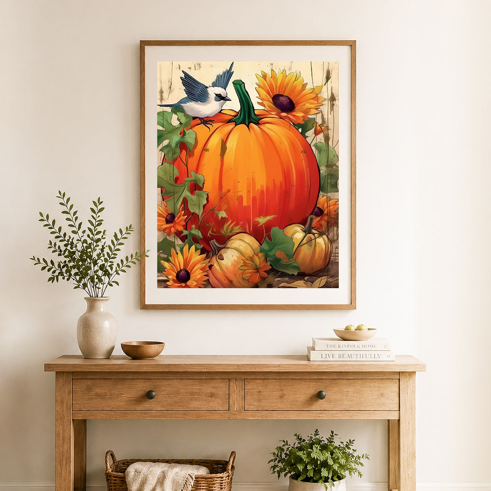 Finished pumpkin with sunflower cross stitch artwork displayed as home decor