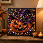 Finished pumpkin with witch hat pearl diamond painting artwork displayed as holiday home decor