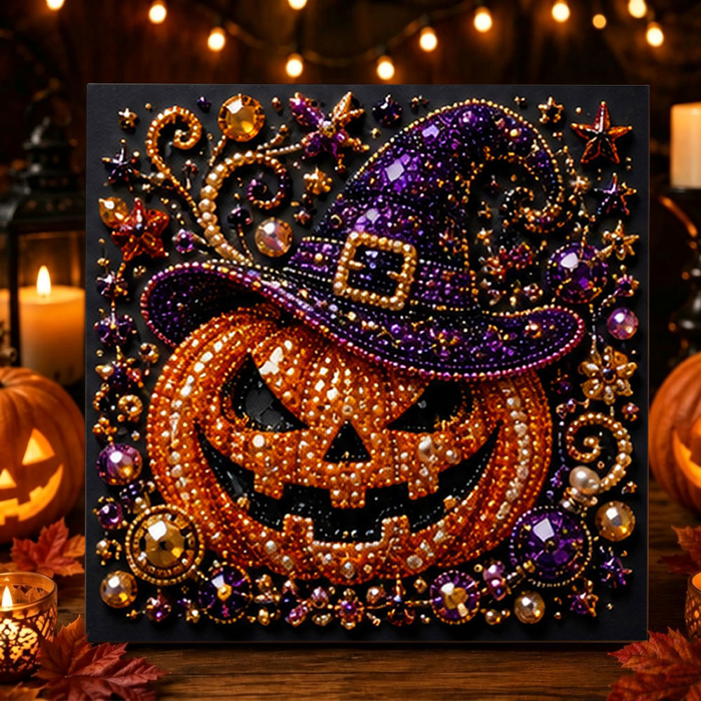 Pumpkin with witch hat pearl diamond painting kit for beginners