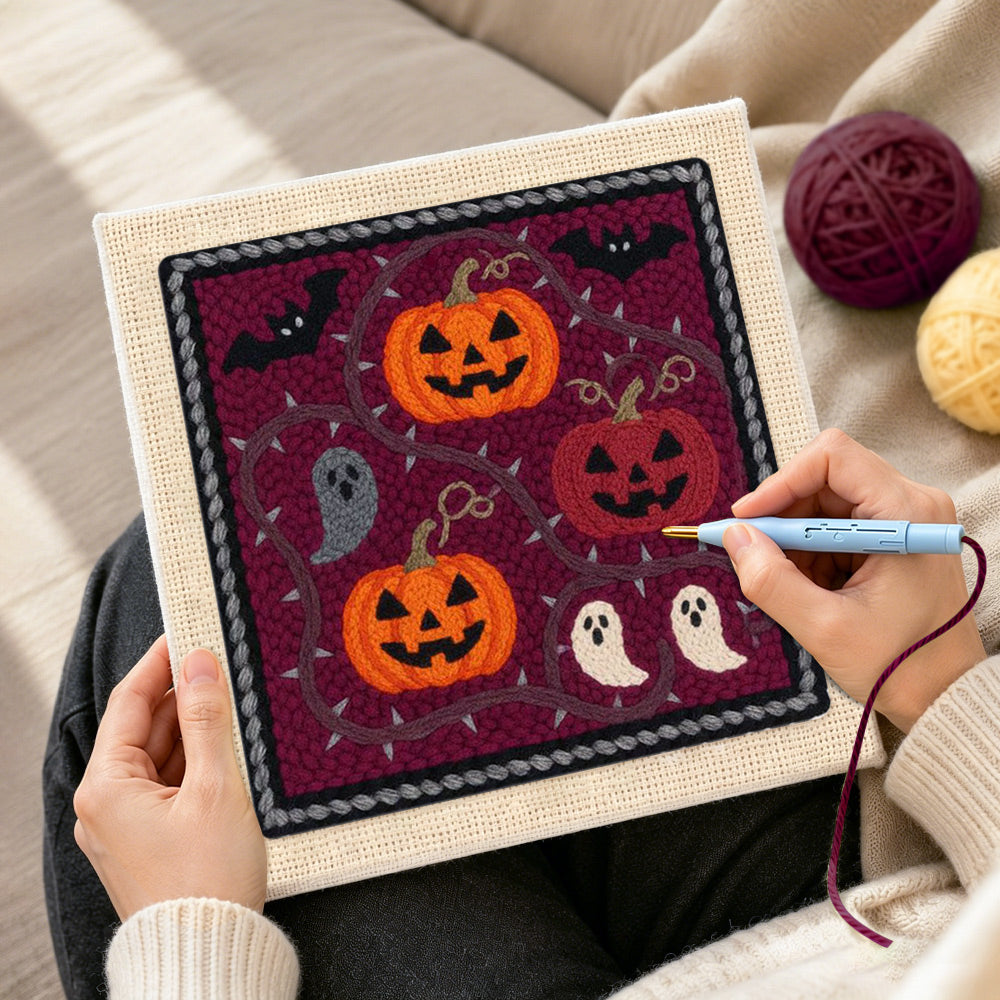 Creating handmade pumpkins and little ghosts punch needle artwork