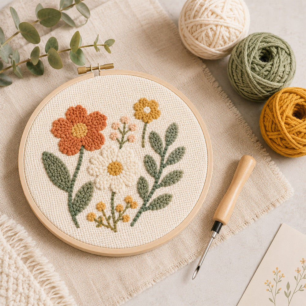 Punch needle tool displayed with a finished punch needle embroidery project