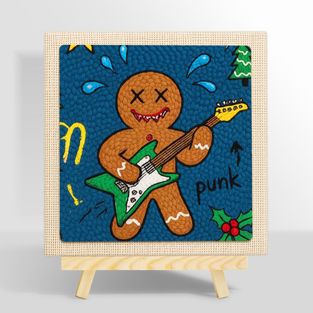 Punk gingerbread man playing guitar punch needle kit for beginners