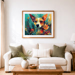 Finished puppy among wild blooms cross stitch artwork displayed as home decor