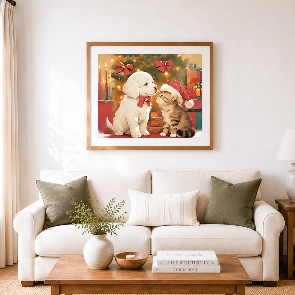 Finished puppy and kitten christmas moment cross stitch artwork displayed as home decor
