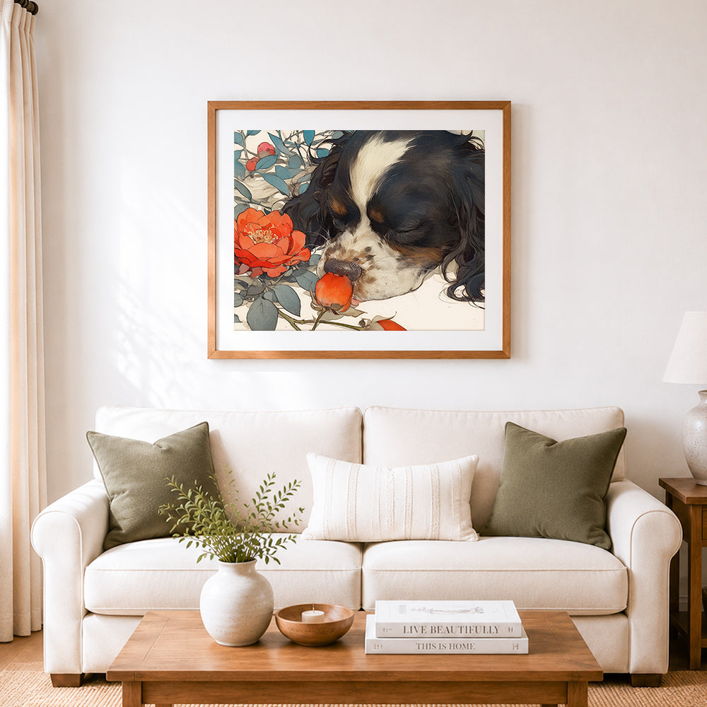 Finished puppy sleeping beside red roses cross stitch artwork displayed as home decor