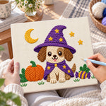 Creating handmade puppy witch for halloween punch needle artwork