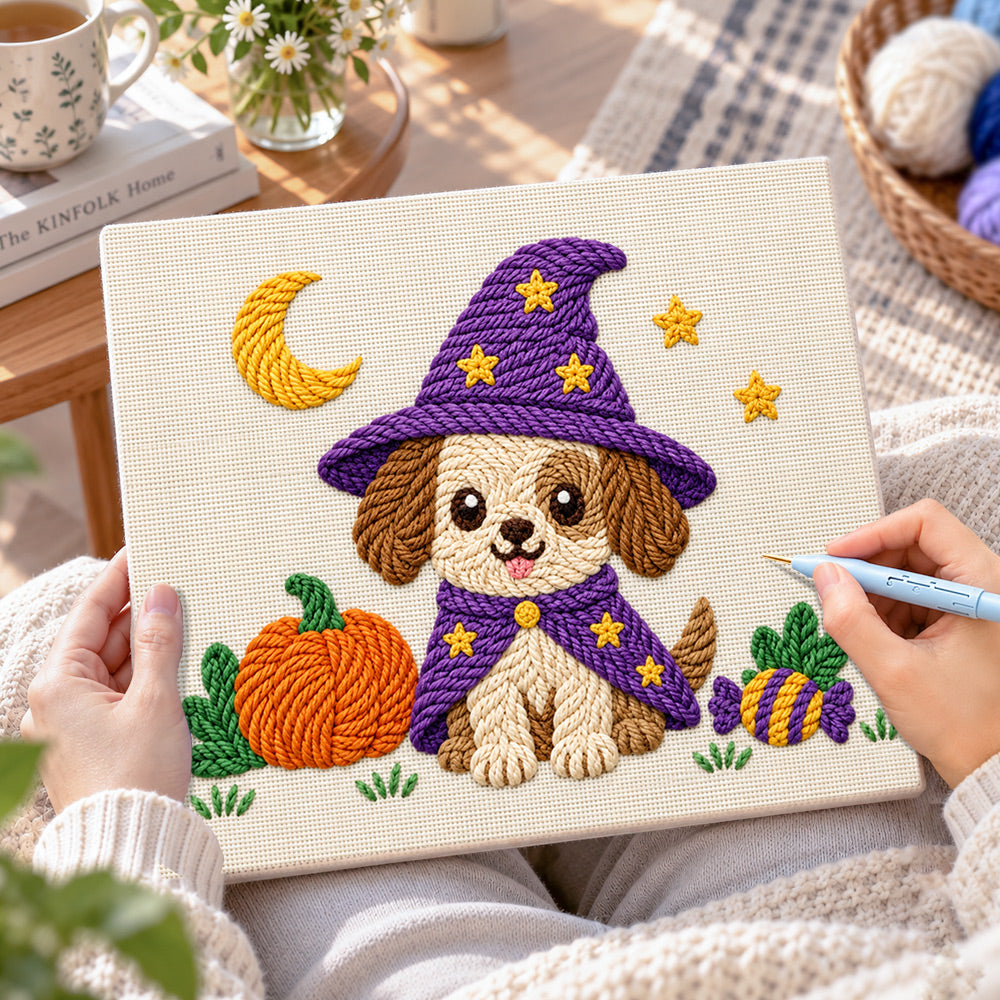 Creating handmade puppy witch for halloween punch needle artwork