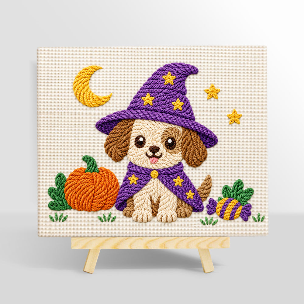 Puppy witch for halloween punch needle kit for beginners