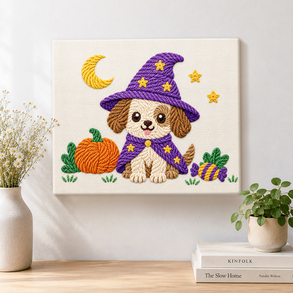 Finished puppy witch for halloween artwork displayed on a wall