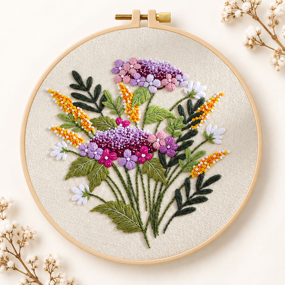 Purple and gold sprigs embroidery kit