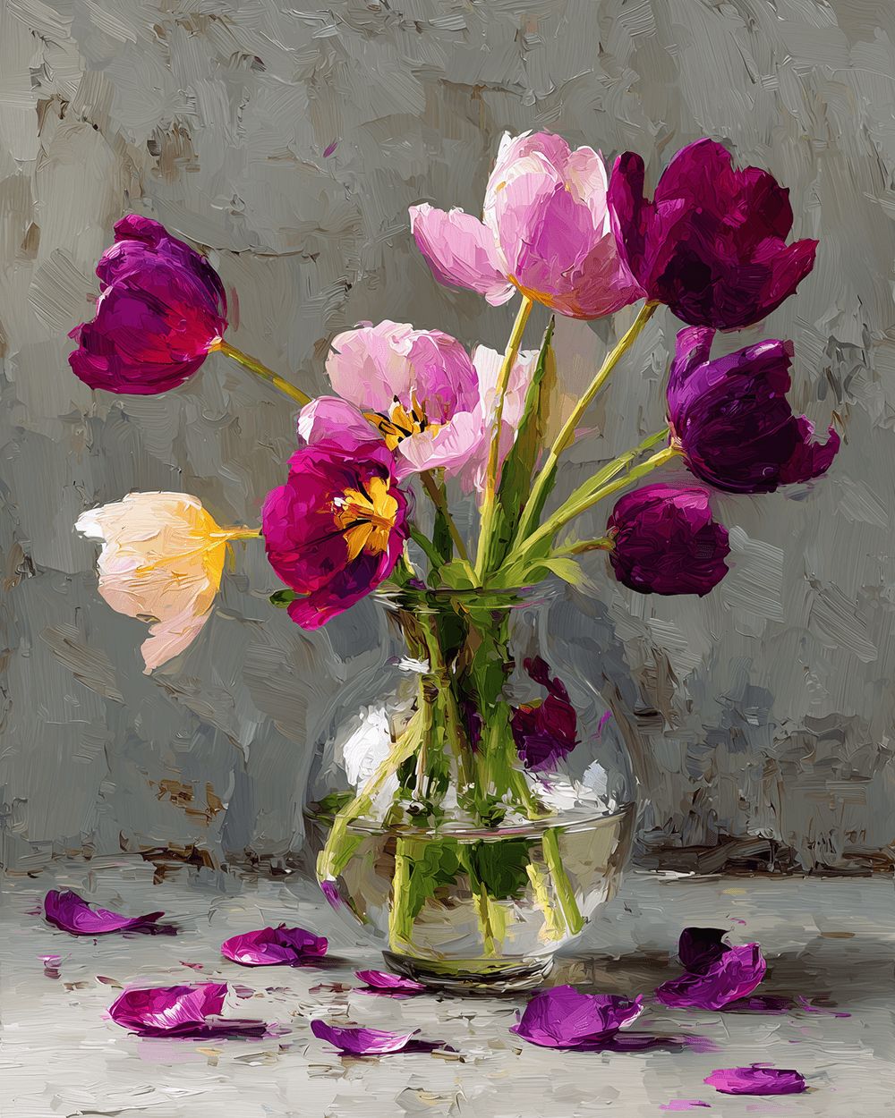 Purple and pink tulips in glass vase with fallen petals cross stitch kit for beginners