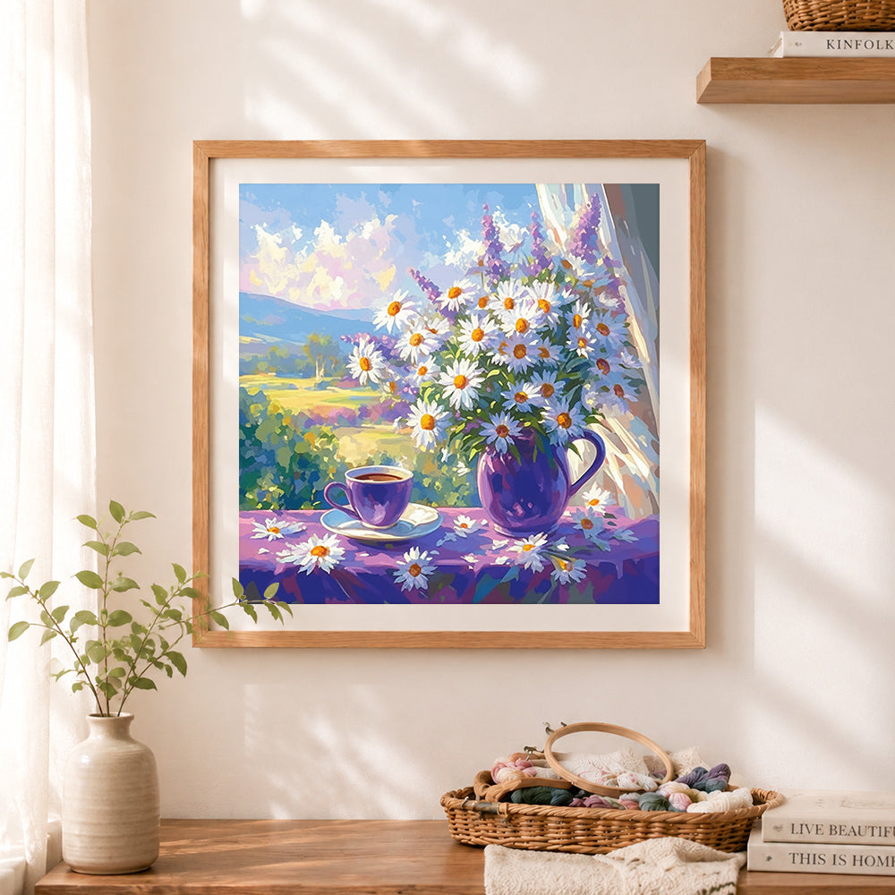 Finished purple coffee mug and daisies cross stitch artwork displayed as home decor