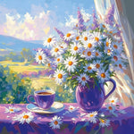 Purple coffee mug and daisies cross stitch kit for beginners