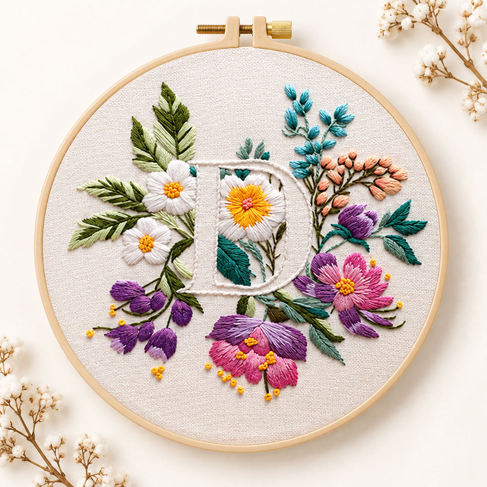 Purple daisy garden and letter d embroidery kit