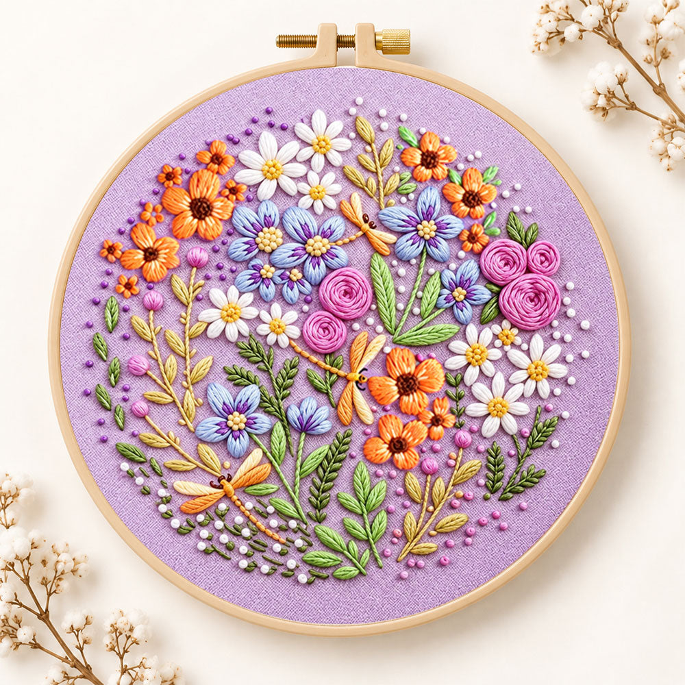 Purple floral circle with dragonflies embroidery kit