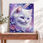Finished purple floral white kitty pearl diamond painting artwork displayed as home decor