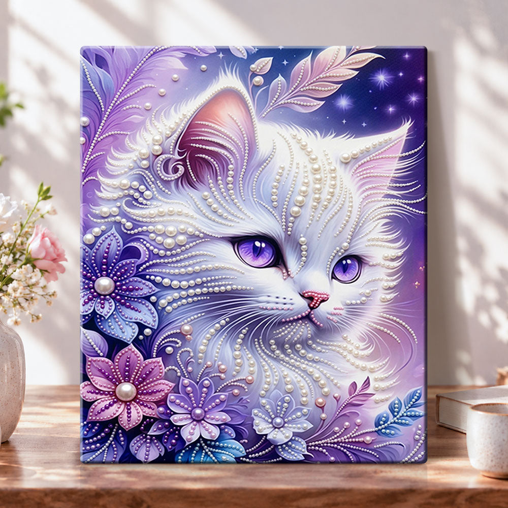 Purple floral white kitty pearl diamond painting kit for beginners