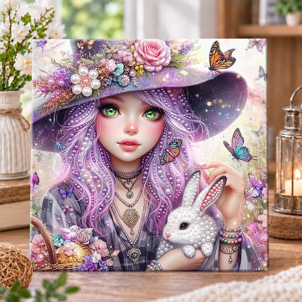 Purple‑haired witch with bunny pearl diamond painting kit for beginners