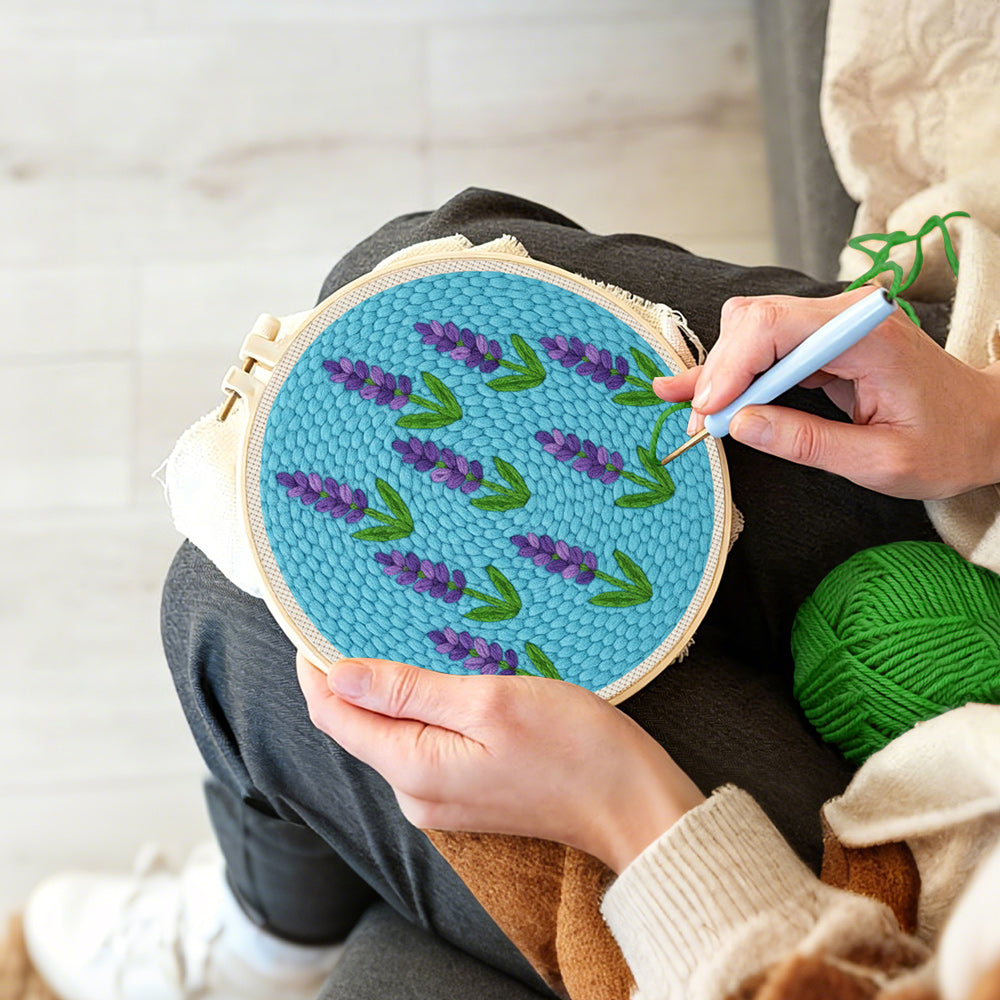 Creating handmade purple lavender pattern punch needle artwork