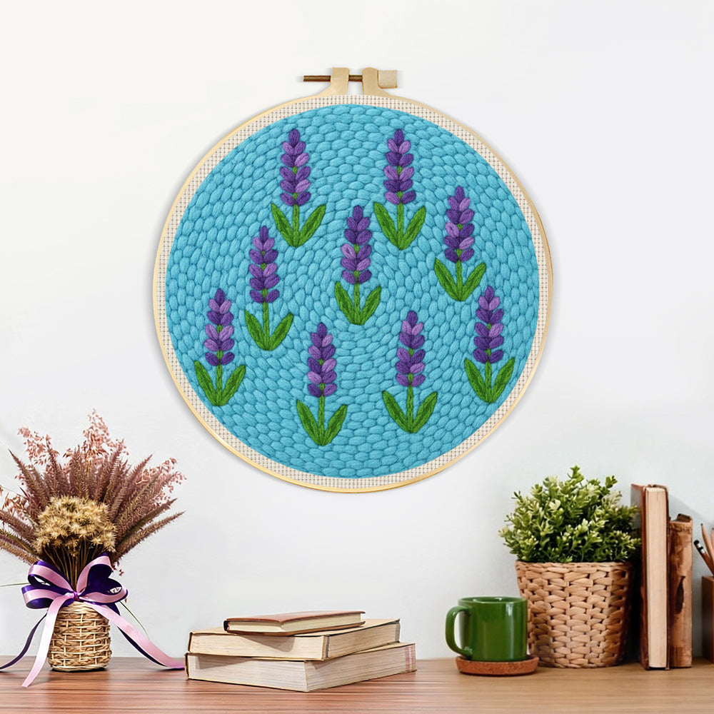 Finished purple lavender pattern artwork displayed on a wall
