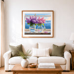Finished purple lilacs in glass vases by the window cross stitch artwork displayed as home decor