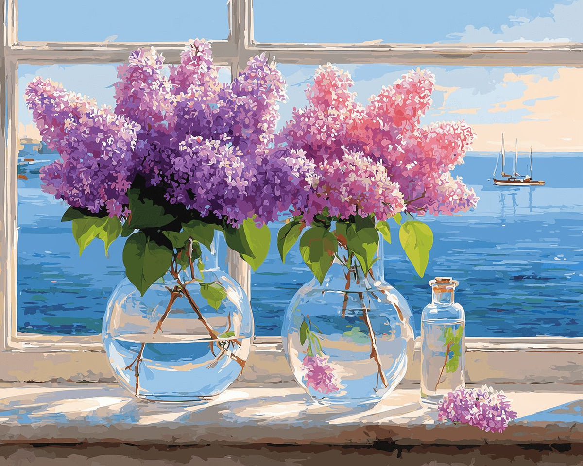 Purple lilacs in glass vases by the window cross stitch kit for beginners