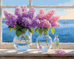 Purple lilacs in glass vases by the window cross stitch kit for beginners