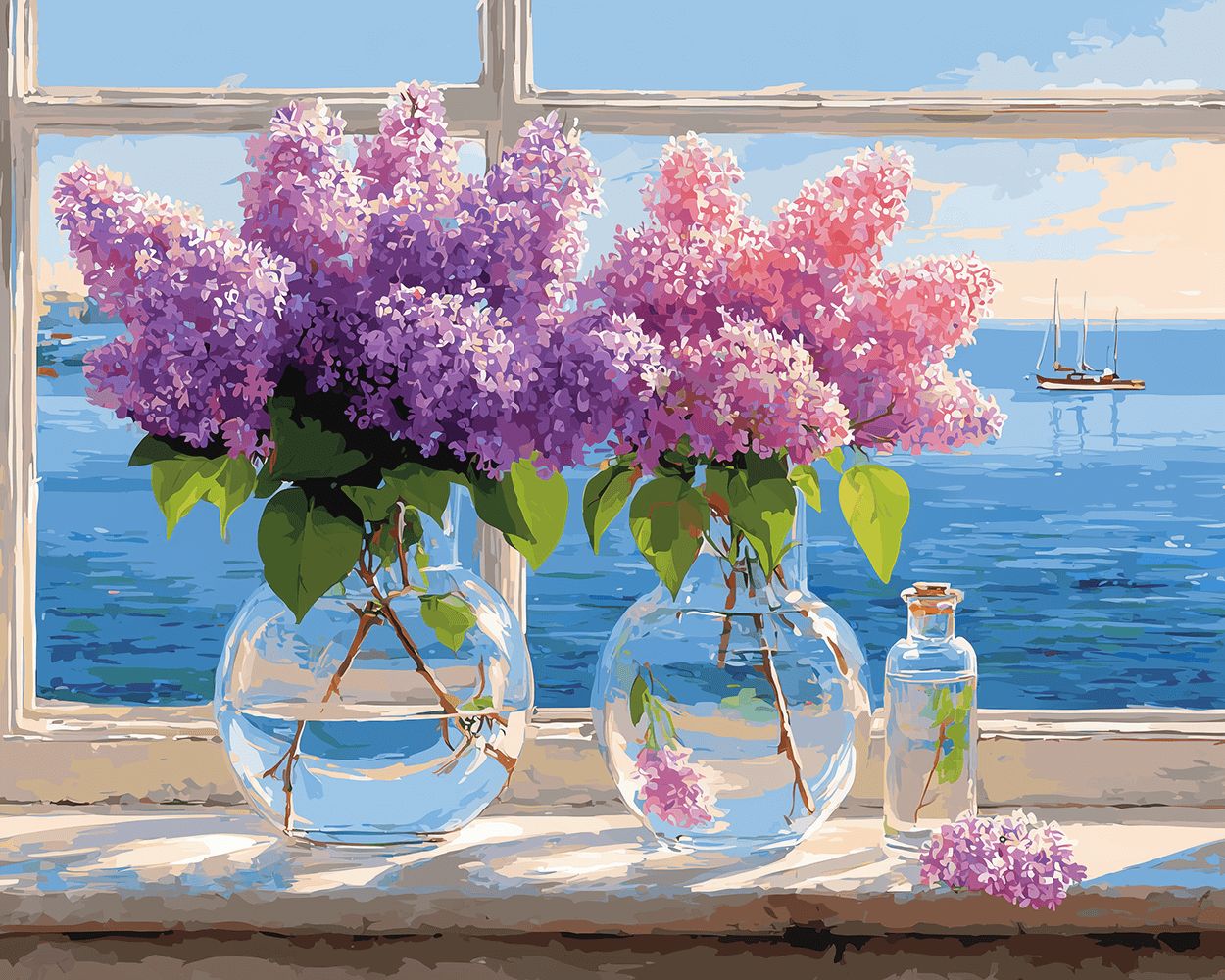 Purple lilacs in glass vases by the window cross stitch kit for beginners