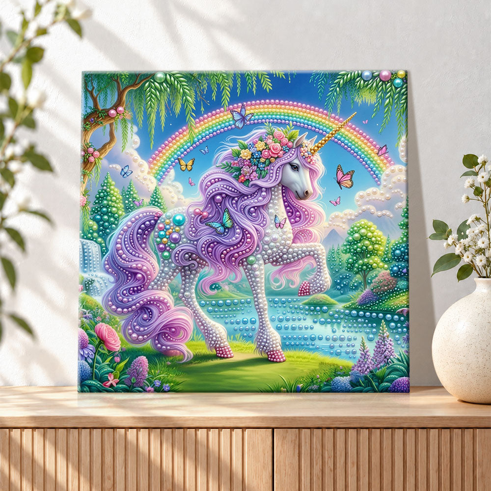 Finished purple mane unicorn by lakeside pearl diamond painting artwork displayed as holiday home decor