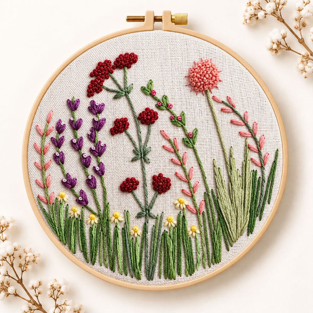 Purple meadow flowers embroidery kit