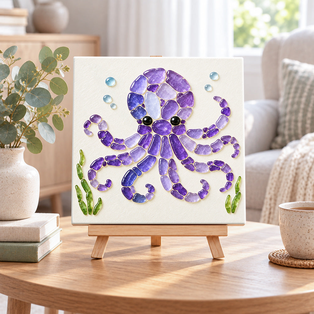 Purple octopus sea glass art kit displayed as seasonal home decor
