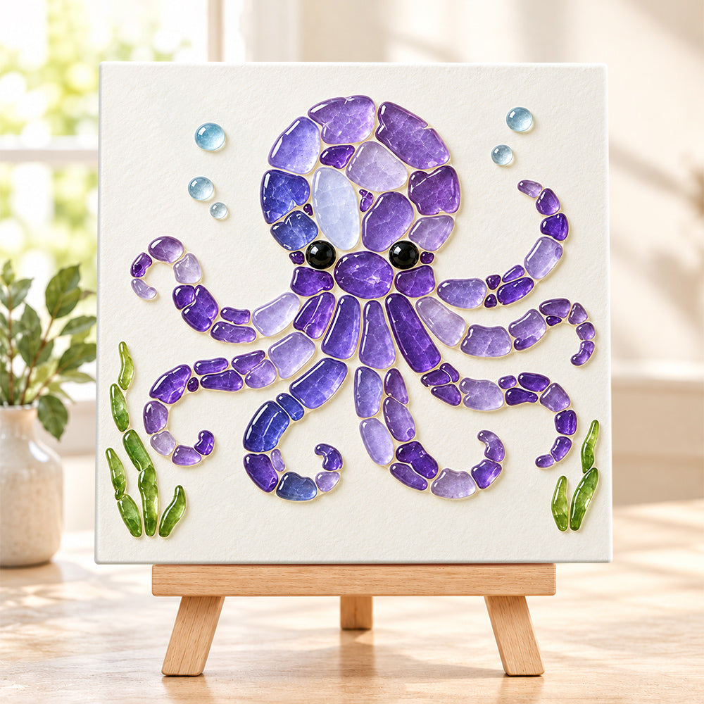 Purple octopus sea glass art kit finished artwork on display