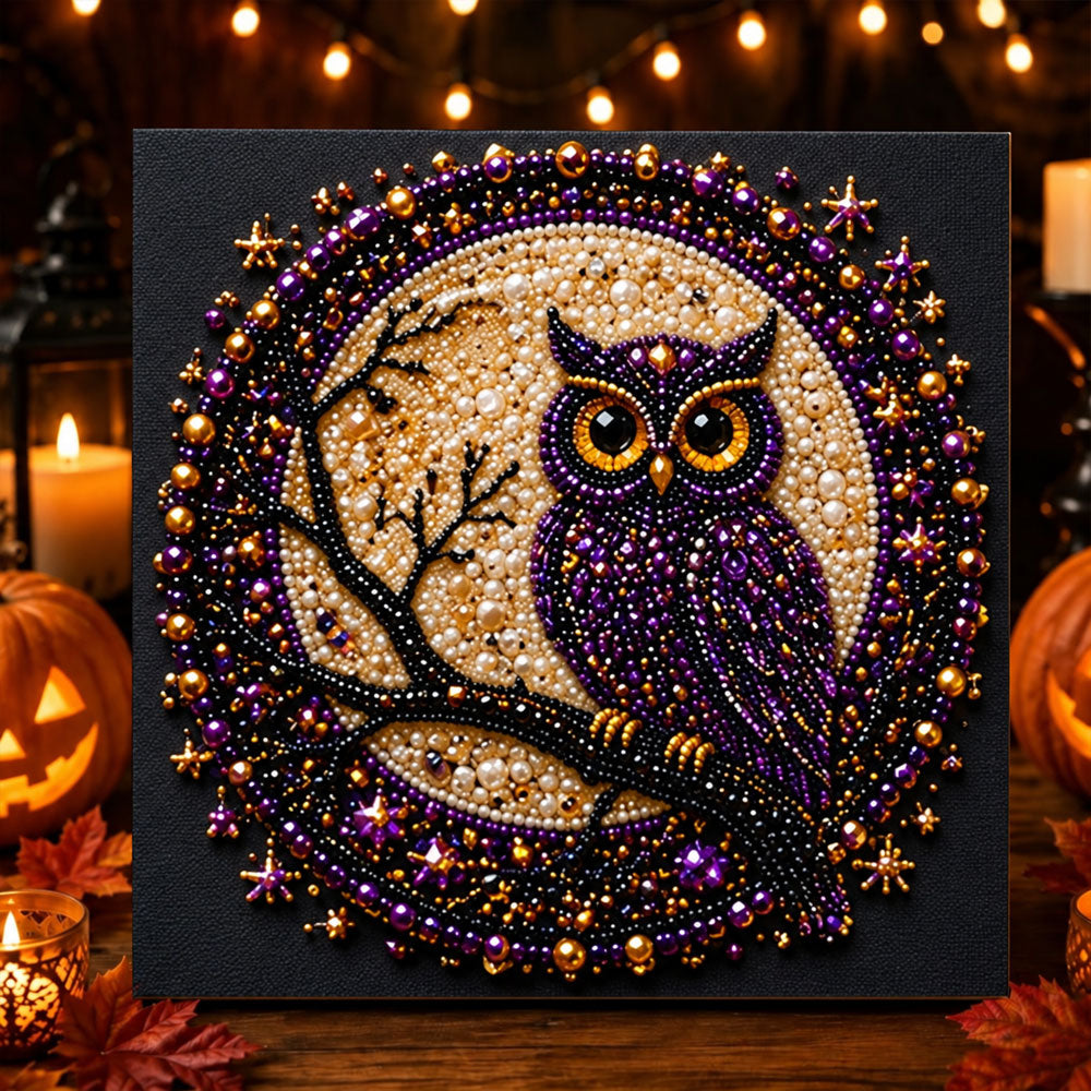 Purple owl on moonlit branch pearl diamond painting kit for beginners
