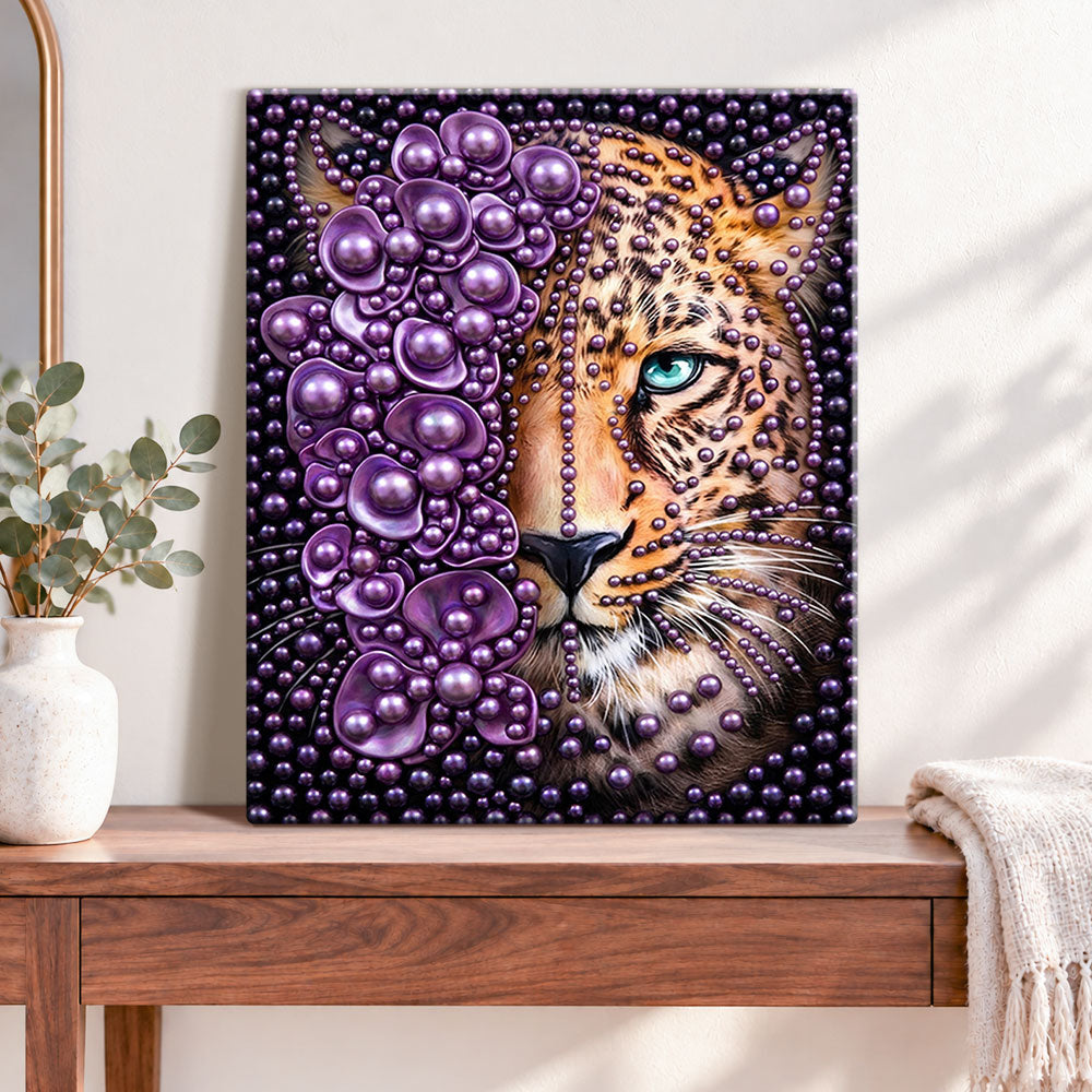 Finished purple pearl leopard pearl diamond painting artwork displayed as home decor