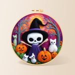 Purple skull witch with broom needle felting kit for beginners with a round wooden frame