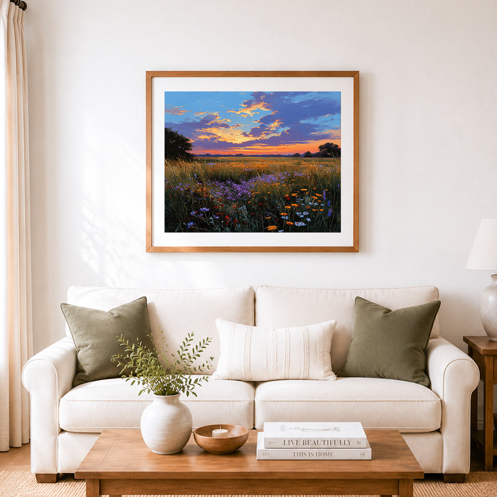 Finished purple sunset over wildflower meadow cross stitch artwork displayed as home decor