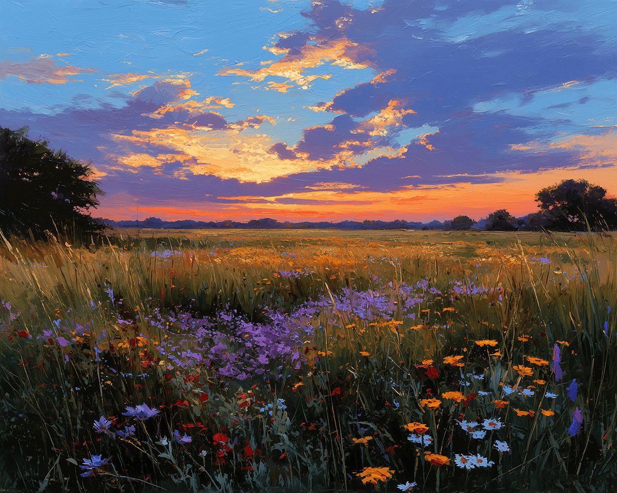 Purple sunset over wildflower meadow cross stitch kit for beginners