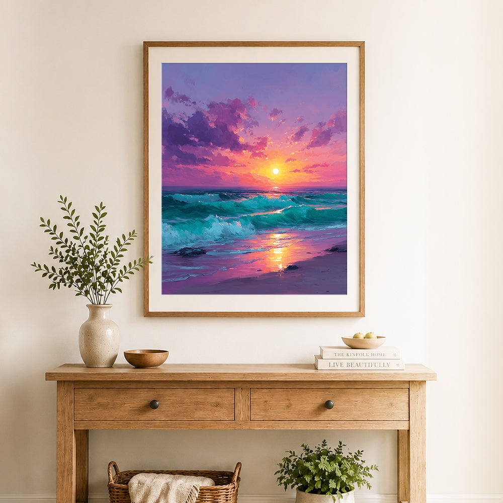 Finished purple sunset seascape with crashing waves cross stitch artwork displayed as home decor