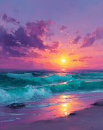 Purple sunset seascape with crashing waves cross stitch kit for beginners