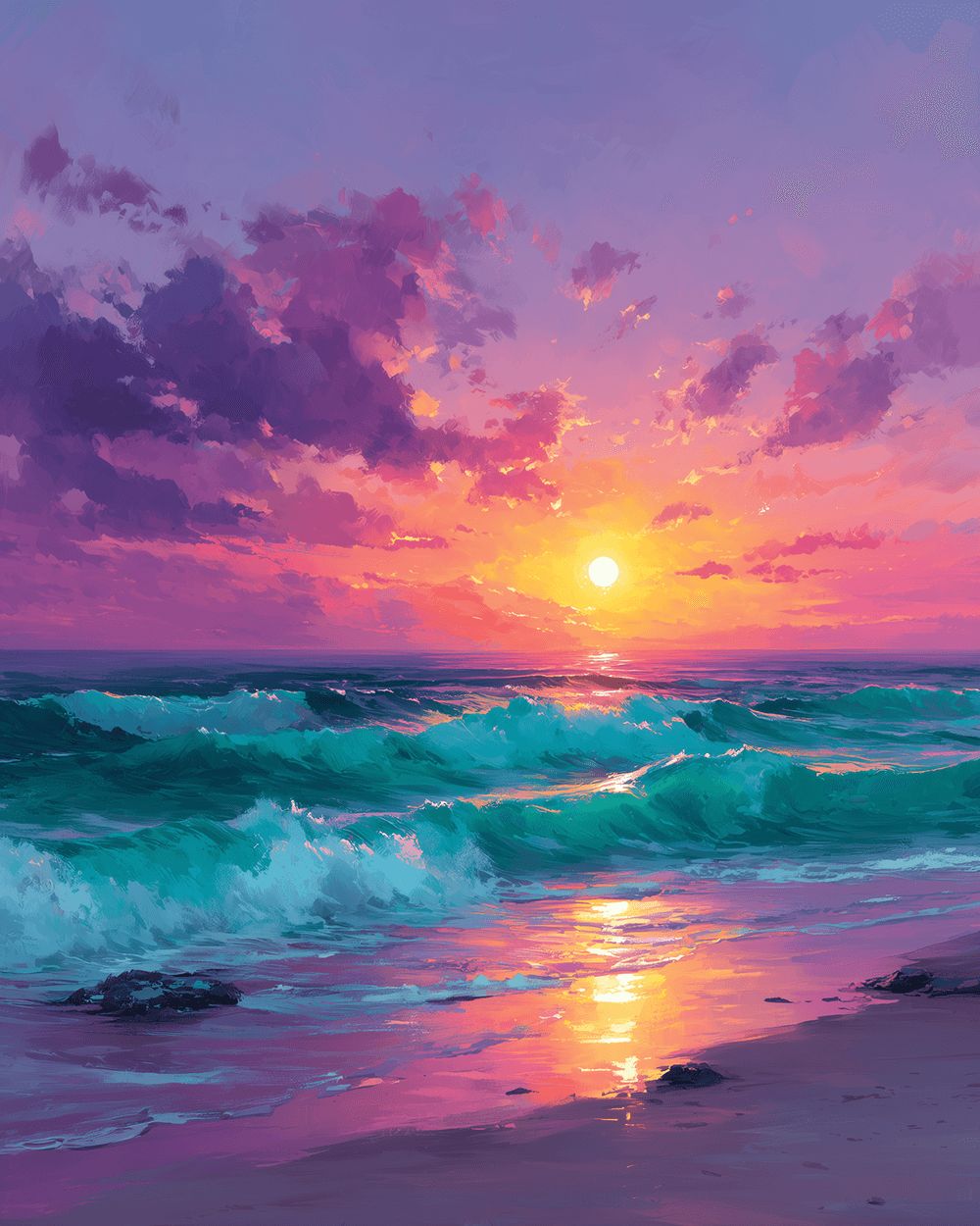 Purple sunset seascape with crashing waves cross stitch kit for beginners