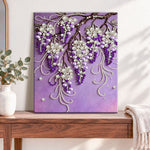 Finished purple wisteria blooms pearl diamond painting artwork displayed as home decor