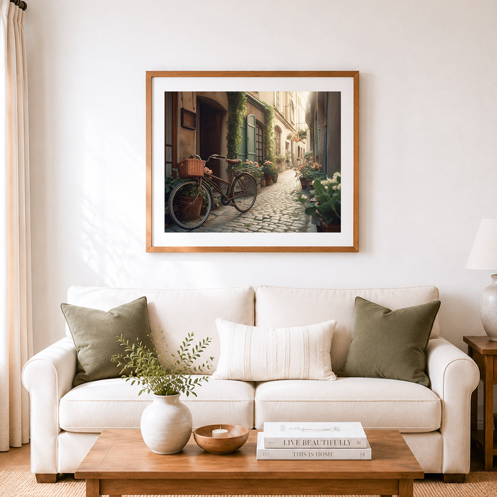 Finished quiet european alley cross stitch artwork displayed as home decor